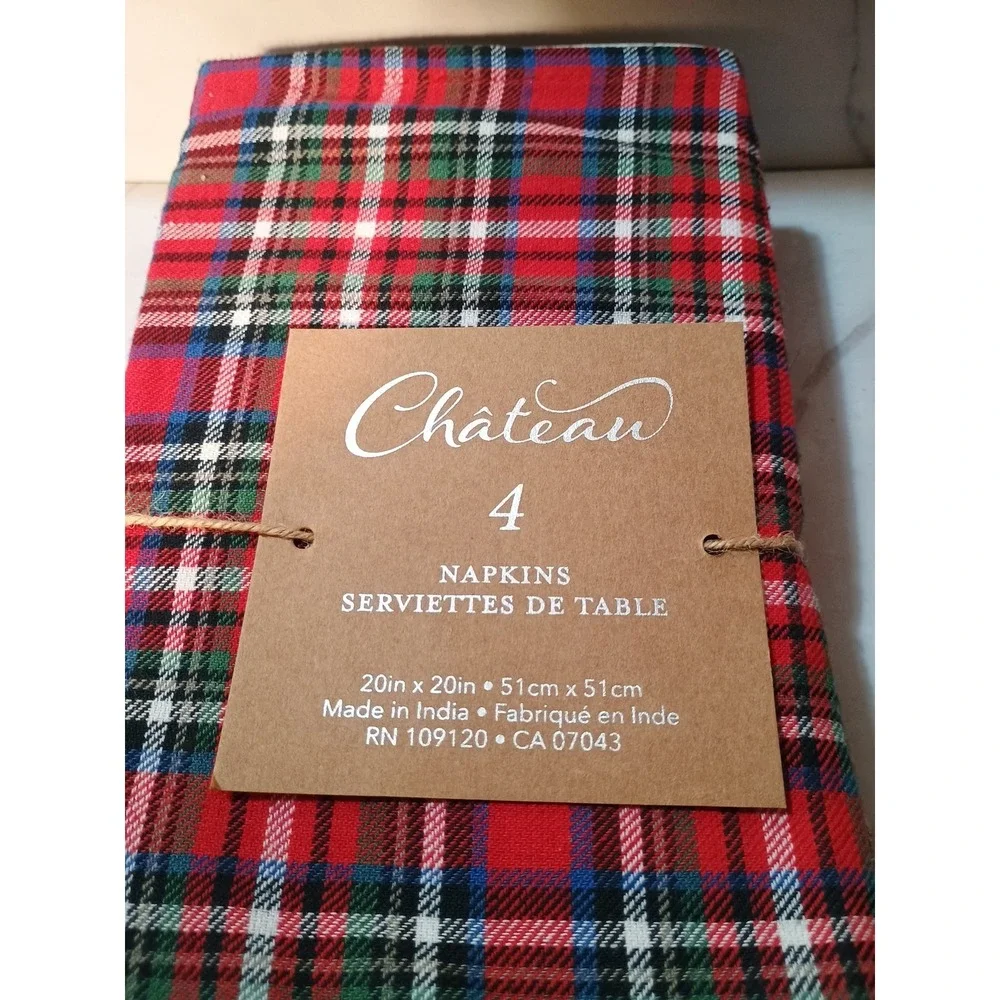 Chateau Set Of 4 Cotton Red Christmas Plaid Napkins Farmhouse Size 20